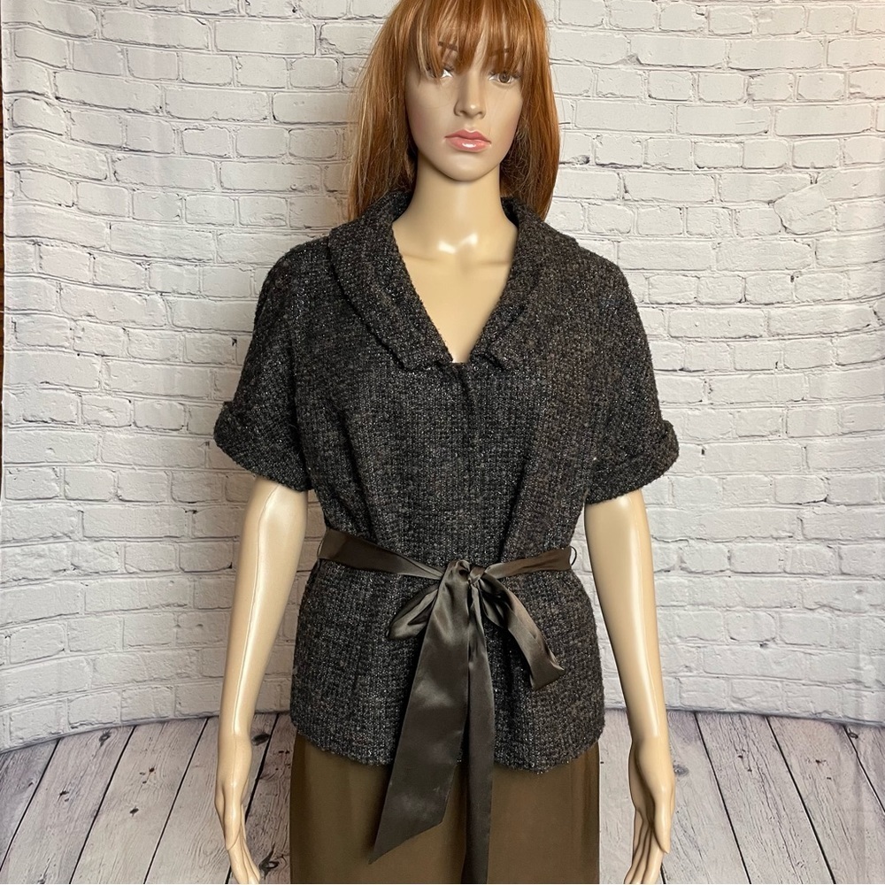 Lafayette 148 Wool Blend Short Sleeve Brown Jacket with Satin Belt Size 12